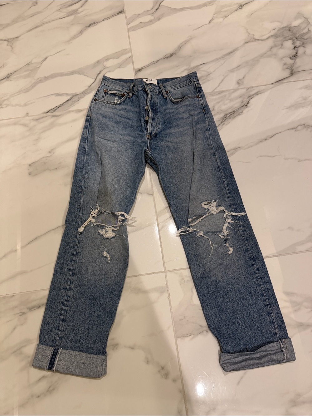 Agolde Distressed Straight-Leg Jeans in Light Blue